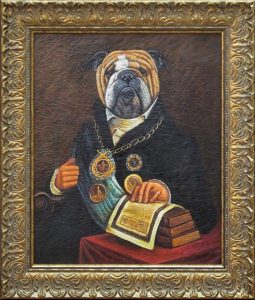 antiquiertes Bild im goldenen Rahmen: Hund mit Urkunden und Auszeichnungen