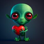 Alien mit einem Herz in der hand, schaut traurig und einsam aus